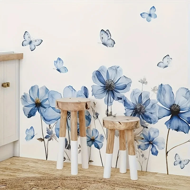 رومانسية الفراشة الزرقاء النرجس البري الزهور ملصقات جدار غرفة نوم الشرفة خلفية ديكور الجدار ملصق زهرة خلفية الشارات