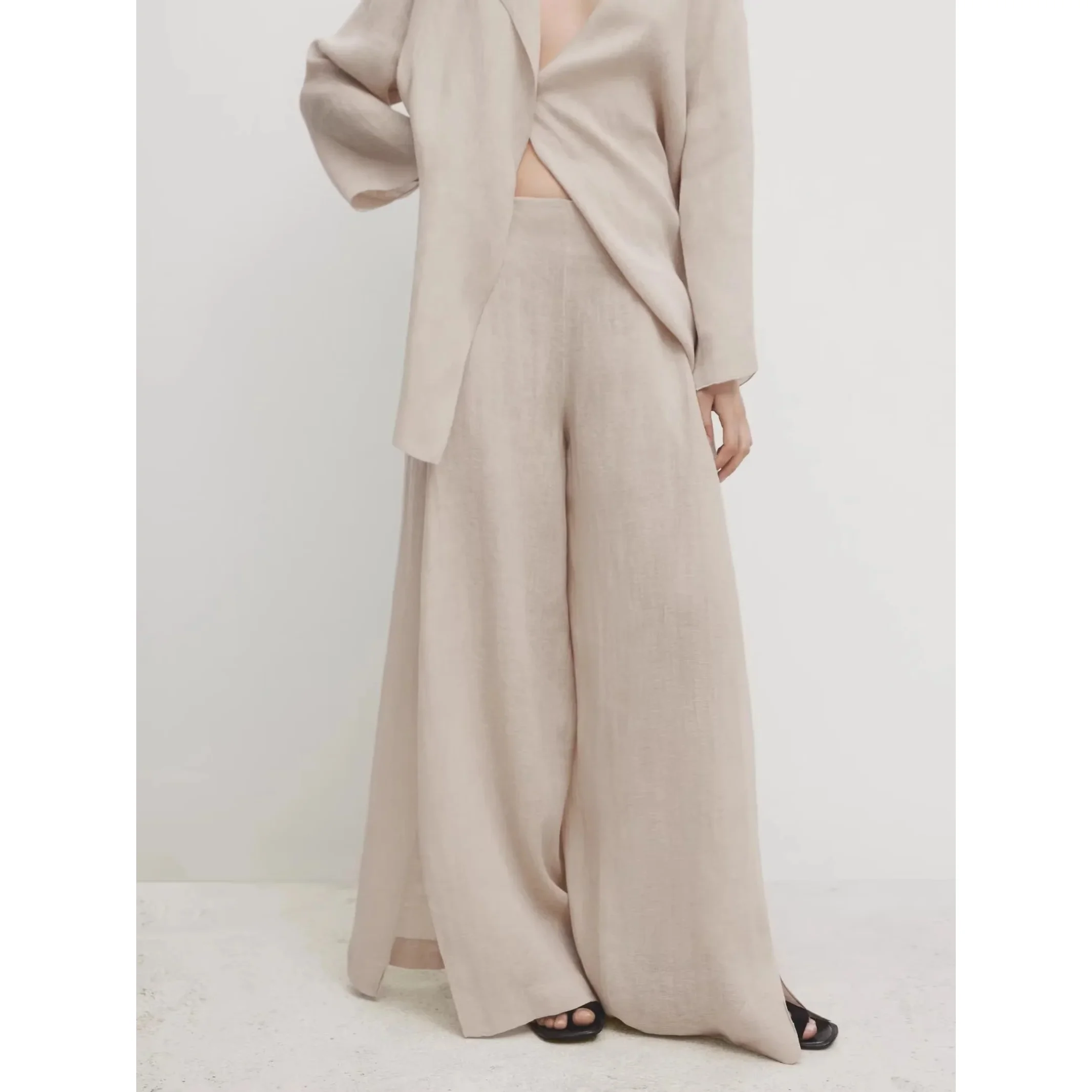 

Spring New V-ne Linen Blend Split Suit Jaet 6078572 Drifting Wide Leg Pants 5056572 Faionable Women's Set