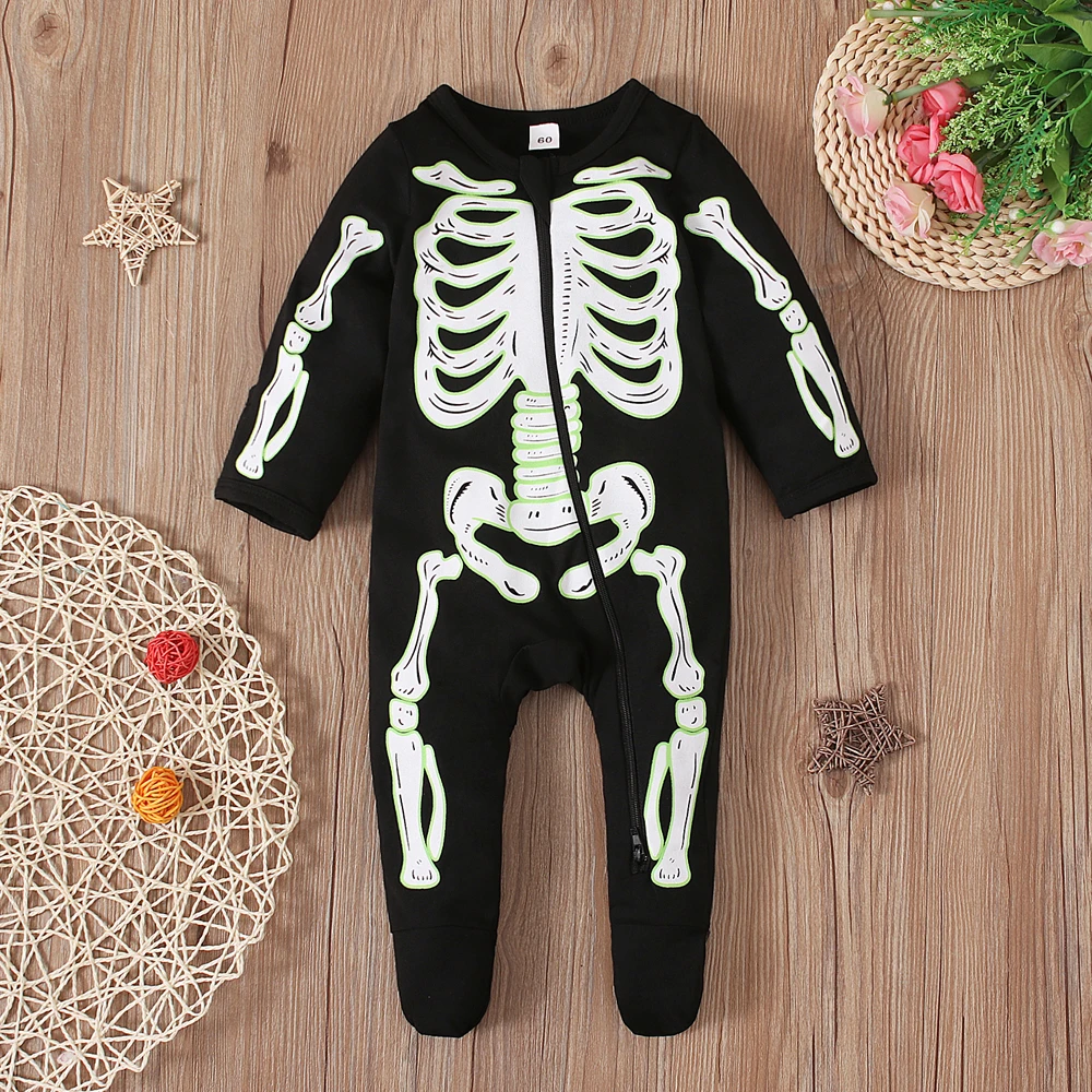 Children\'s European and American spring and autumn long-sleeved Halloween bone pattern long climbing clothes zippered foot-w