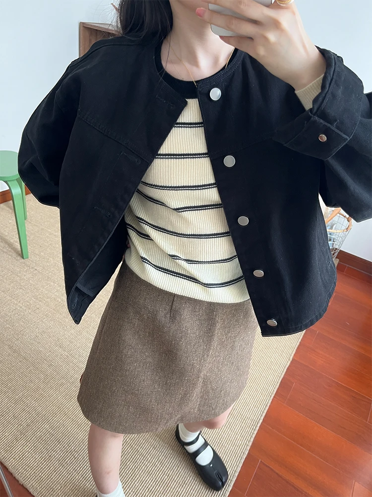 

Женская джинсовая куртка Wini свободного кроя с круглым вырезом, универсальная повседневная верхняя одежда для осени и зимы с эффектом стройности