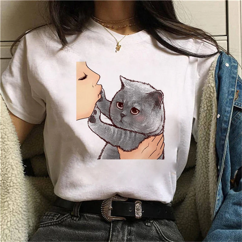 

Kiss a cute cat Print T Shirt Women Black T Shirt Female Fashion Aesthetic Tops Tee 90s Ladies Harajuku O-neck T-shirts