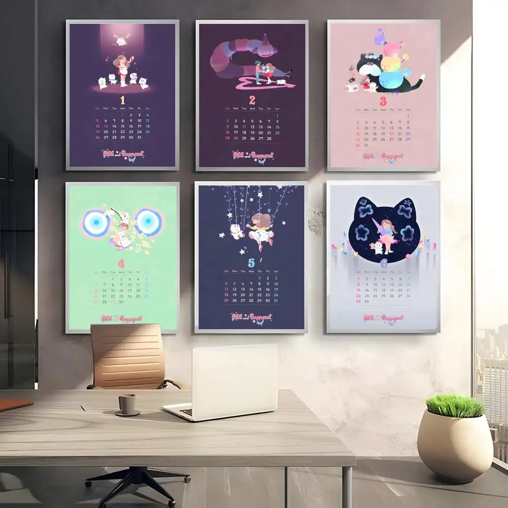 CUTE Bee And P-PuppyCat Poster Sticky Wall Art Printing Waterproof Home Living Bed Room Aesthetic Decor