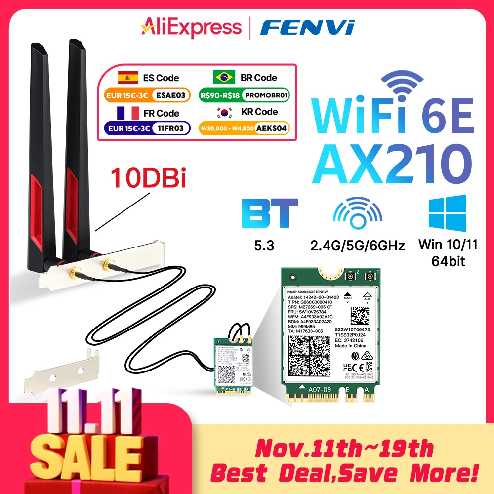 

5374Mbps for Intel AX210 802.11ax Wi-Fi 6E Card Bluetooth 5.3 MU-MIMO AX210NGW Desktop Kit 2.4G/5G/6Ghz WiFi Adapter Win 10/11