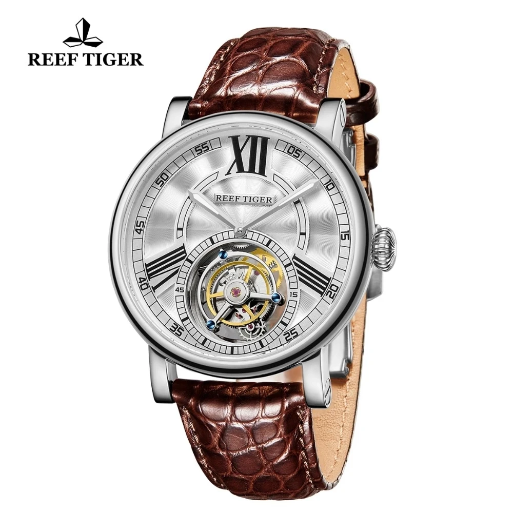 Reef Tiger/RT Top Brand Luxury Men Mechanical Watch 100% Real Tourbllon Watch Alligator Leather Strap Watches