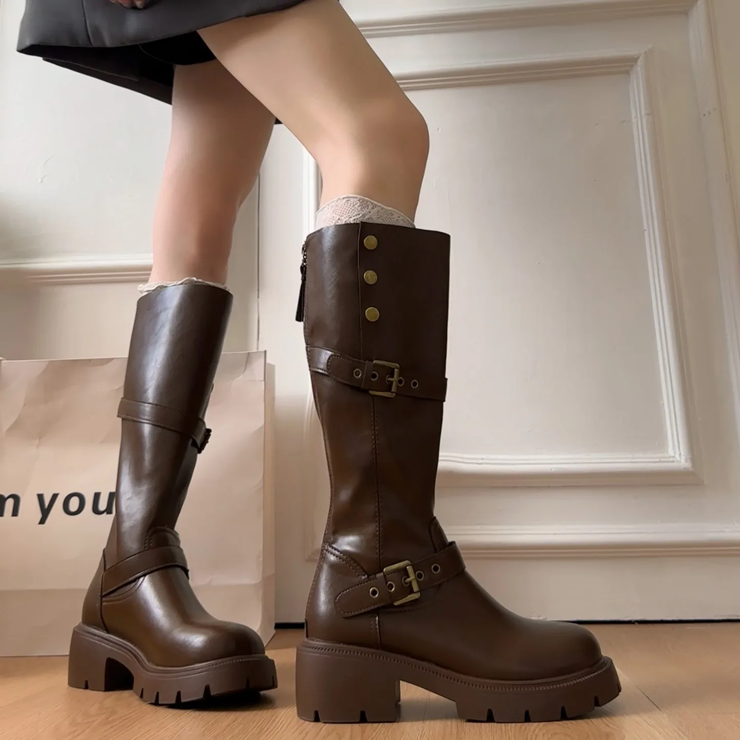 

Autumn Winter women boots Platform Thick Bottom Woman Knee High Boots Shoes Ladies Elegant Belt Buckle Western Cowboy Botas