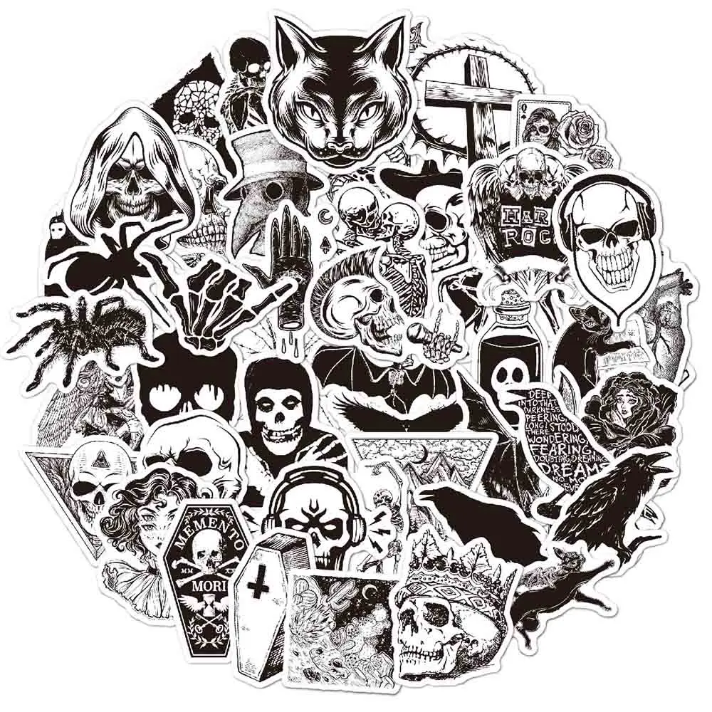 10/30/50/100pcs Punk Devil Black And White Horror Skull Gothic Stickers Skateboard Laptop Bike Luggage Phone Cool Car Sticker