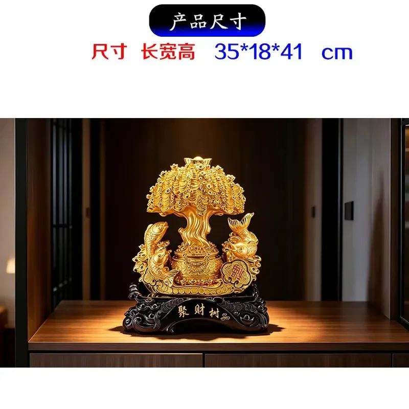 Resin Gold Coin Tree with Carp Statue Feng Shui Home Decor Lucky Wealth Ornament for Living Room Office Desktop Decoration