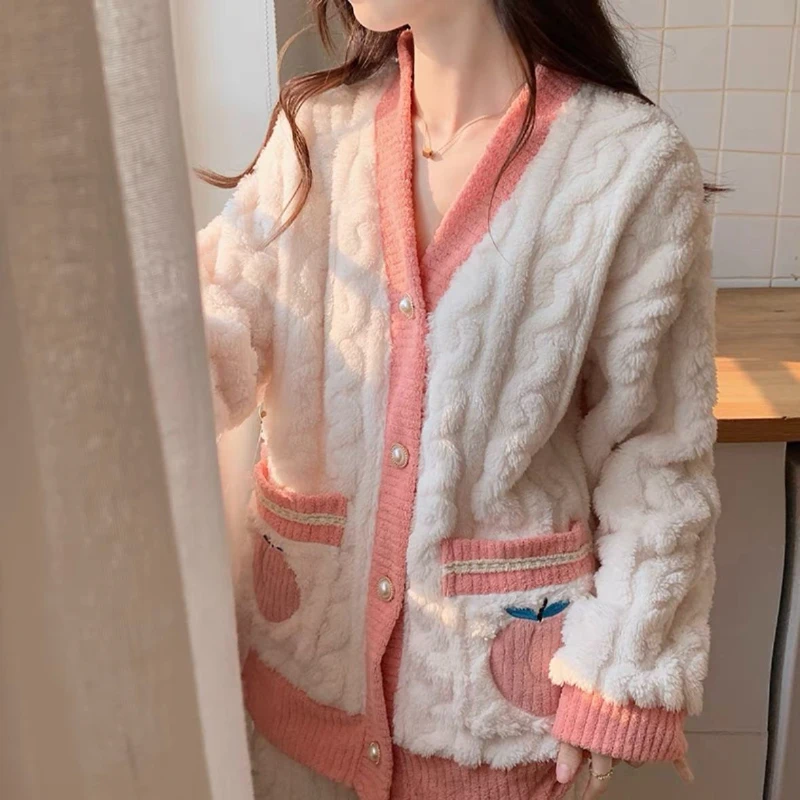Winter Warm Flannel Women Pyjamas Set Comfortable Simple Cute Button Cardigan Loose Casual Printing 2 Pieces Home Suit Pajamas