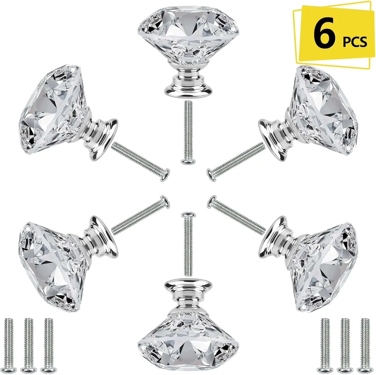 6 PCS Cabinet Knobs with 2 Sizes Screws, 30mm Drawer Handles Crystal Glass Diamond Shaped cupboards Door Knobs for Dresser Drawe