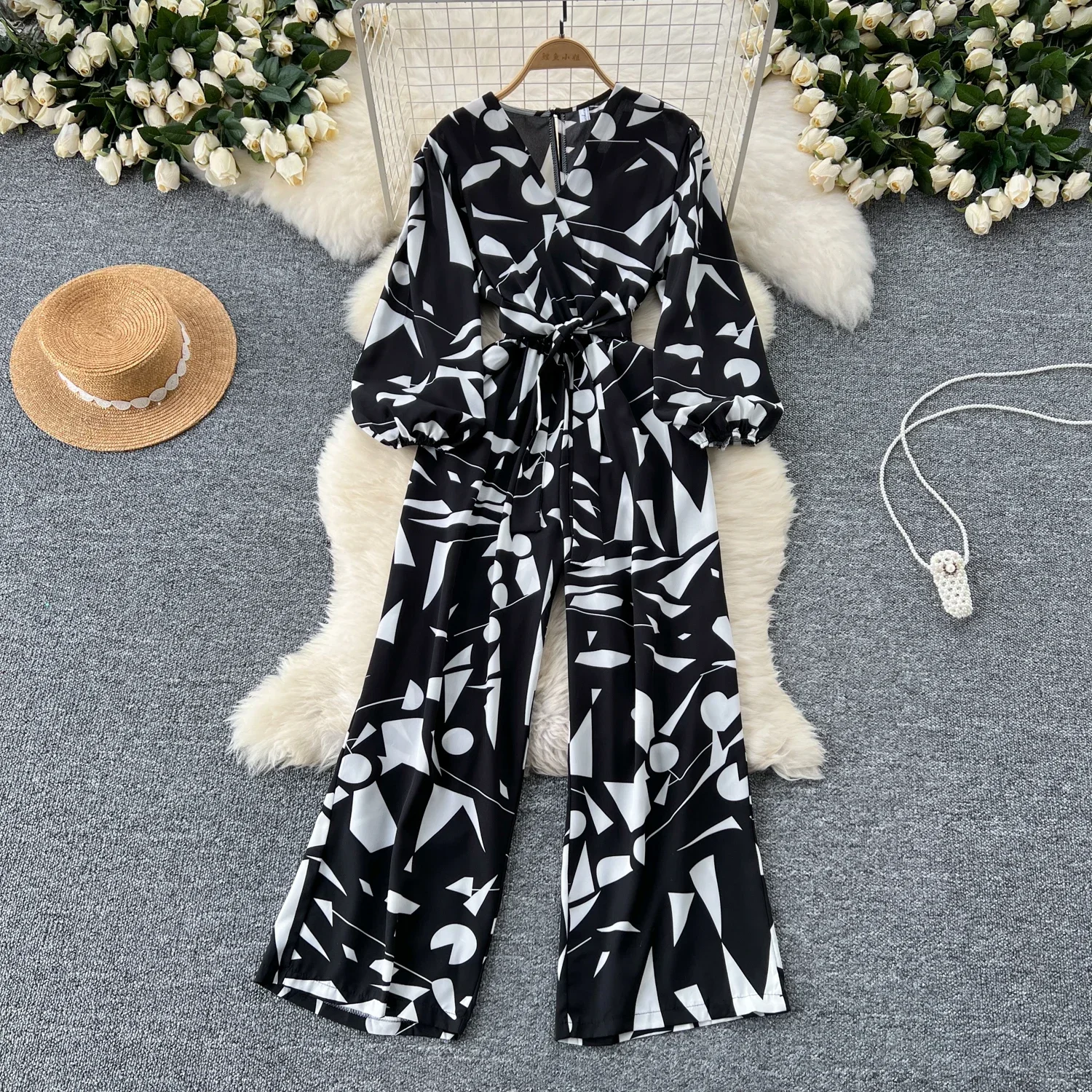 Jumpsuits Women Summer Printed Long Romper 2024 Sexy V-Neck Flare Sleeve Casual High Elastic Waist Playsuits