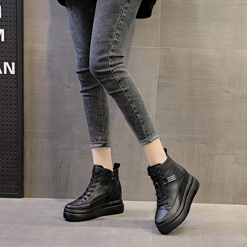 Fujin 8cm Platform Wedge Sneakers Women Shoes Genuine Leather Lace Up Spring Autumn Winter Shoes Winter Shoes Soft Leather Punk