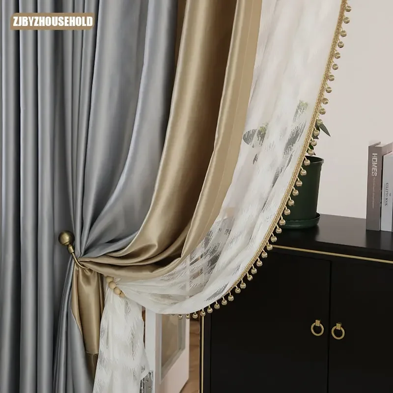 

Luxury Curtains for Living Room Bedroom High-end Imitation Cotton Windows Backdrop Curtain Modern Tulle Simple Gold Gray