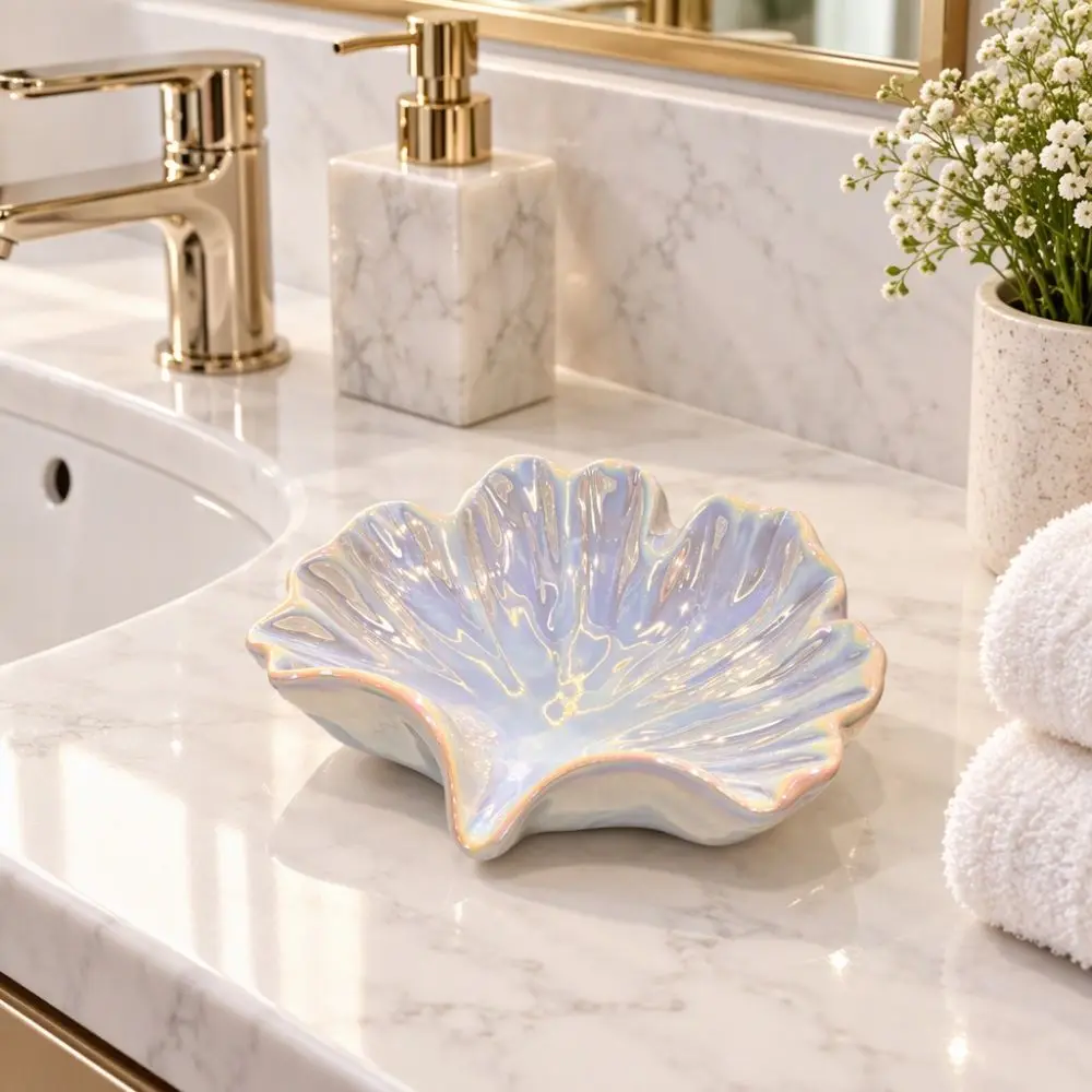 Ceramic Ginkgo Leaf Drain Soap Dish Opening Design V-shaped Drainage Shell Soap Holder Smooth Edges Soap Organizer Hotel