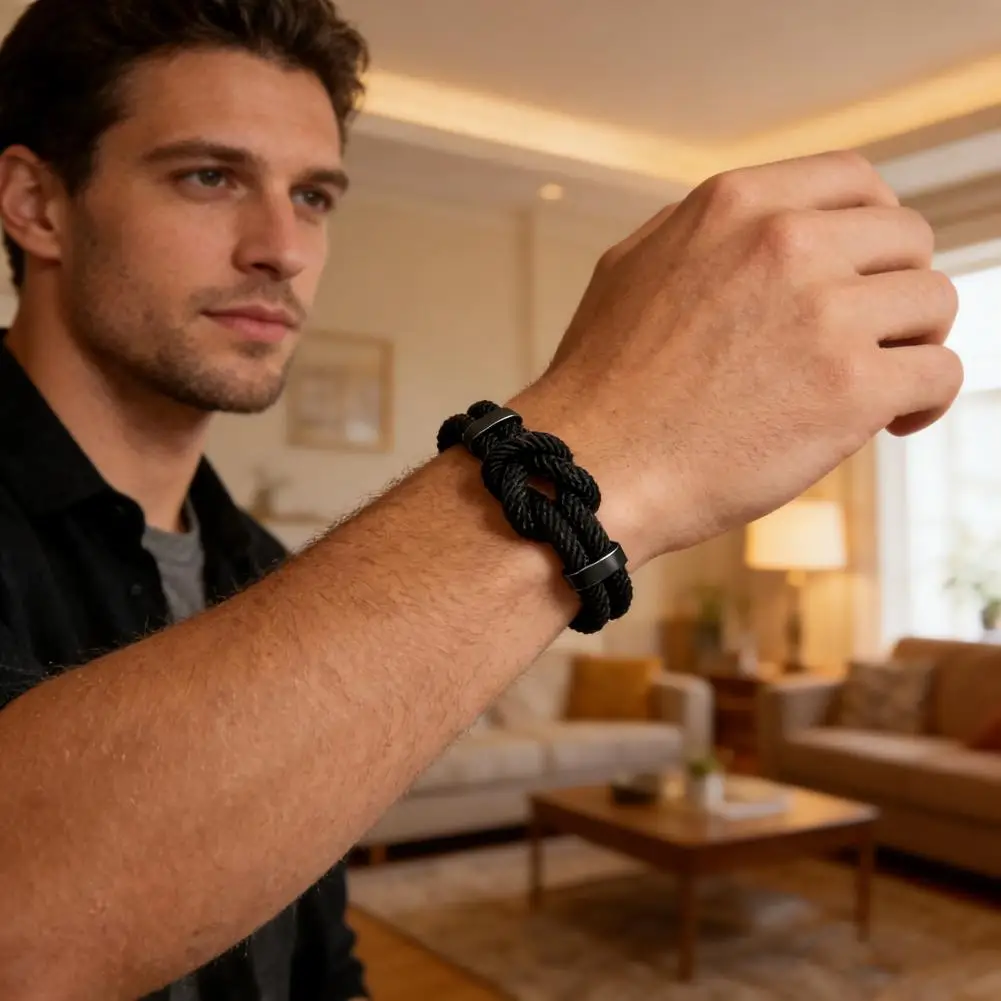 Adjustable Men Rope Men Fashion Accessory Bracelet Simple Black Rope Bracelet with Card Gift for Husband Boyfriend Son