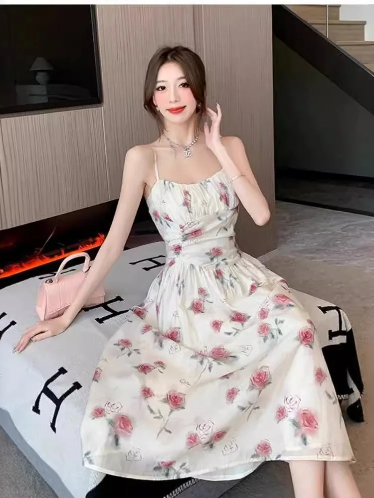 Suspender dress spring and summer chiffon 2024 new women's clothing high-end feeling rose floral dopamine sweet dress W6A0