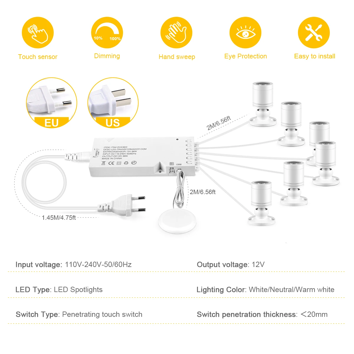 12V LED Cabinet Display Light with Touch Switch Dimmer - Penetration Wood/Glass 20mm, 3W Spotlight, Warm/Neutral/White