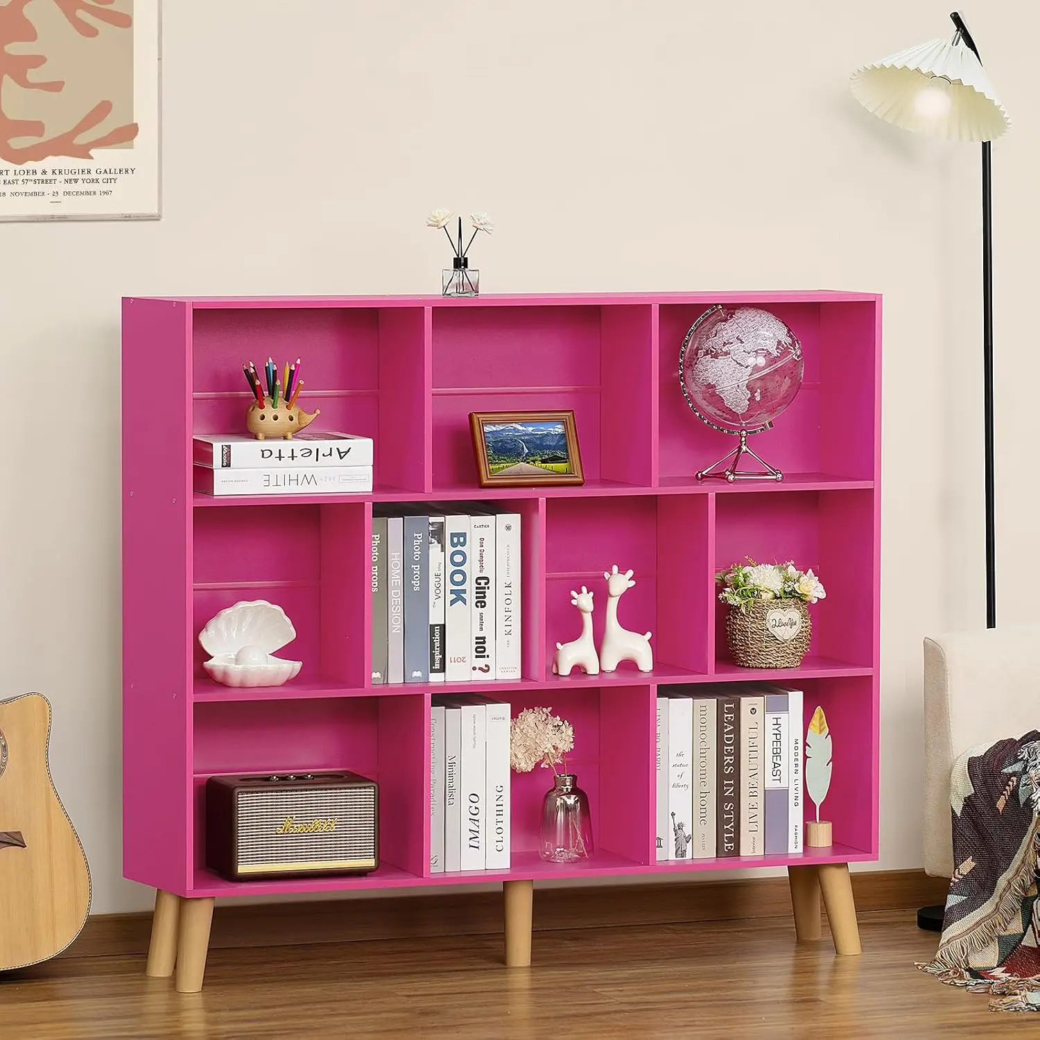 رف كتب مكون من 10 مكعبات، خزانة كتب وردية حديثة مكونة من 3 طبقات مع أرجل، رف تخزين واسع لغرفة النوم وغرفة المعيشة والمكتب والمنزل الدافئ