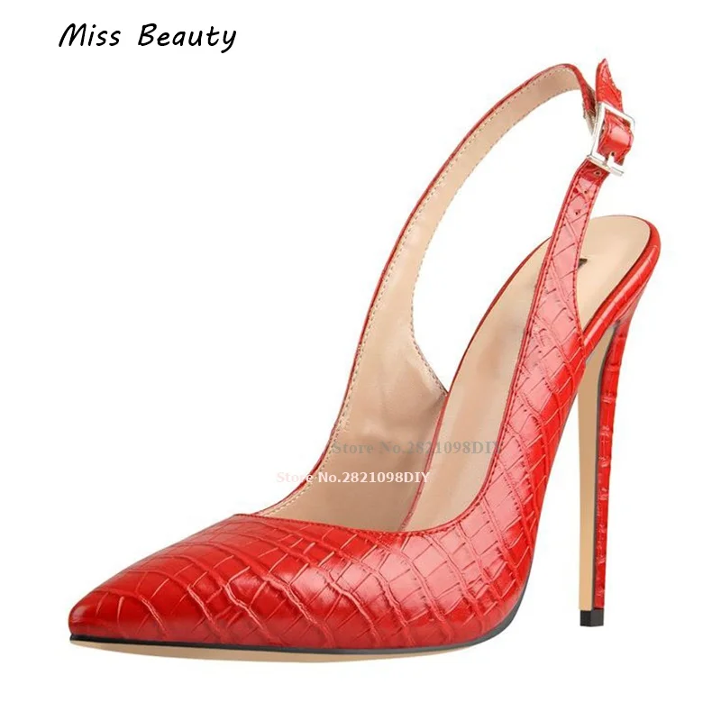 Solid Red Leather Stiletto Slingback High Heel Pumps Pointed Toe Ankle Strap Bride Shoes Fashion Thin Heeled Dress Shoes