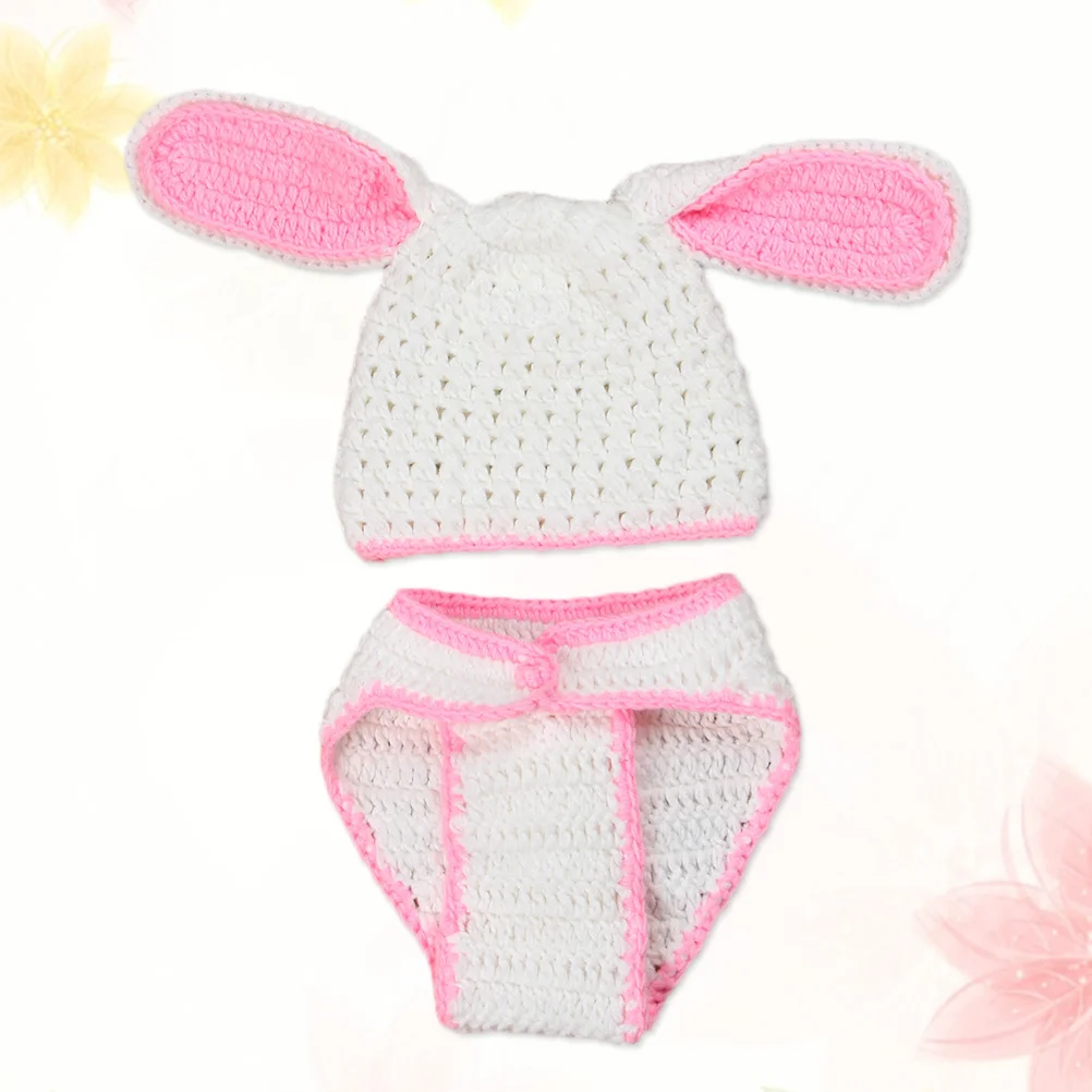 الوليد الطفل التصوير الدعائم أرنب الزي مجموعة الكروشيه متماسكة قبعة بانت آذان كبيرة الأرنب الوردي الأبيض الطفل صور الدعائم #5