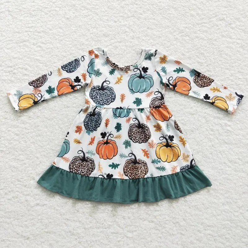 

8,25 лет, оптовая продажа, бутик для маленьких девочек с леопардовым принтом, красочное зеленое кружевное платье с длинными рукавами и тыквой