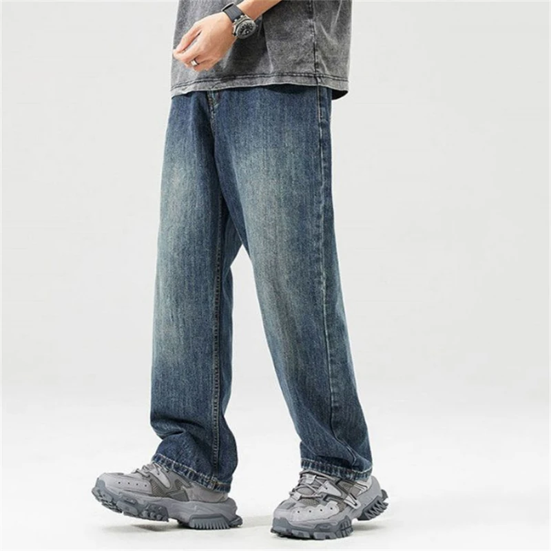 

High Street Jeans for Men 2024 Spring New Blue Washed Denim Jeans Loose Trousers Pants Male