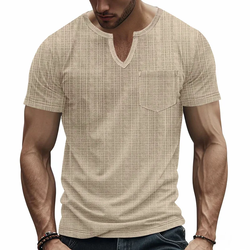 

2025 Summer Men's pure color pocket sports Casual V-Neck thin T-Shirt Men Loose Breathable fitness jogging short sleeve tops