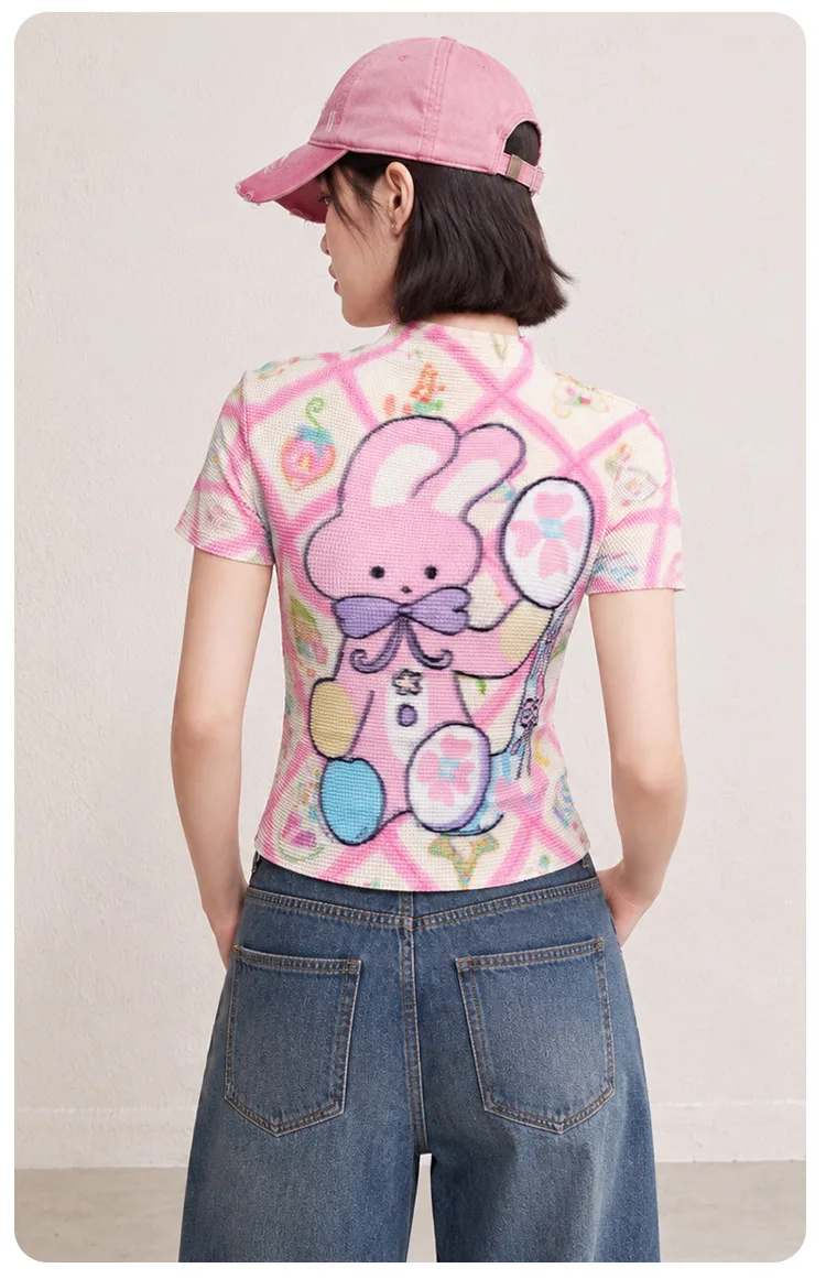 Miyake pleated short-sleeved printed mock neck slim-fit short thin breathable T-shirt for summer. Factory direct sales.