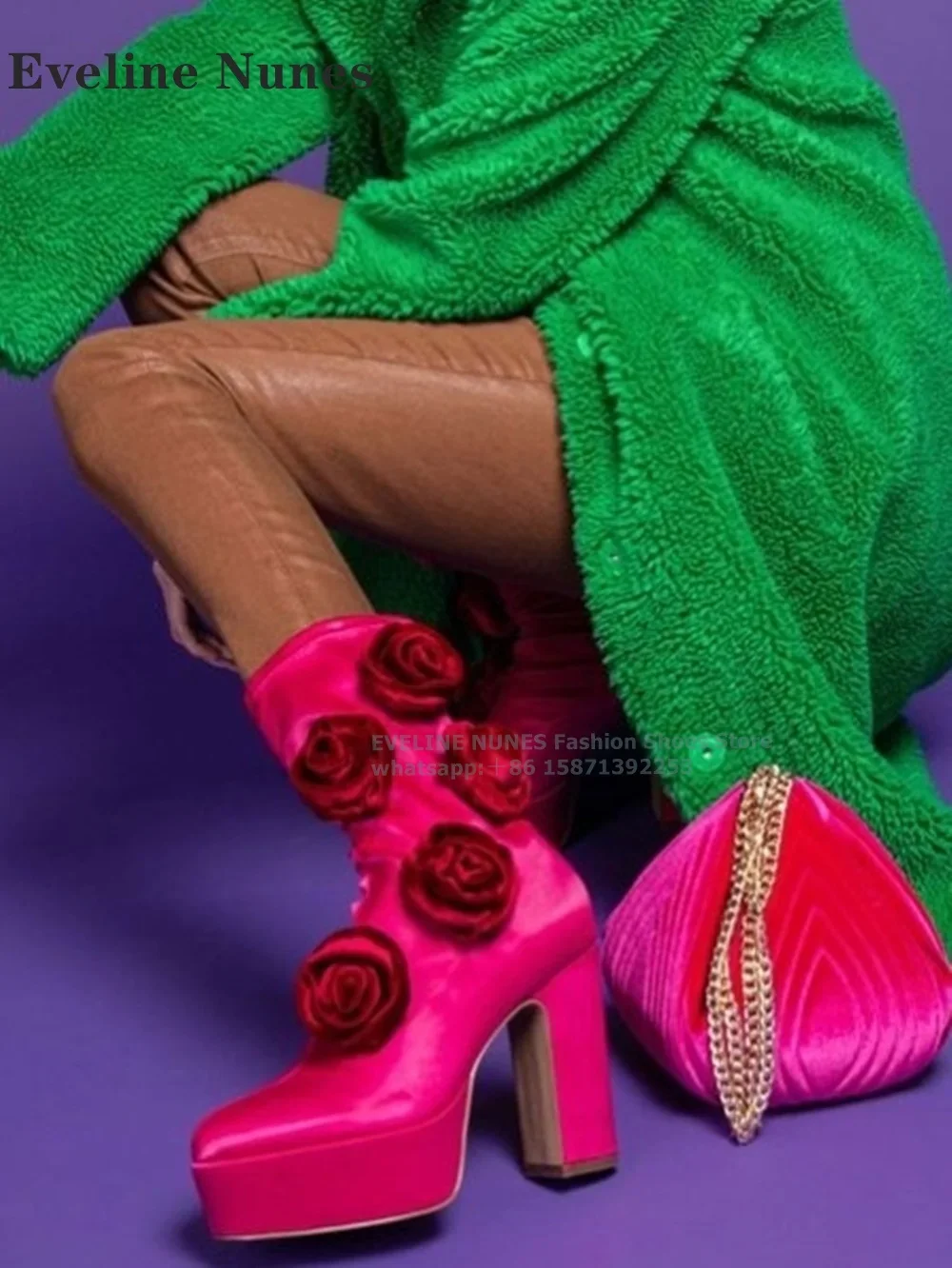 

Атласные модные ботинки с красной розой и круглым носком, увеличивающие рост, сексуальные роскошные женские сапоги до середины икры, платье для подиума, новинка 2024, новинка