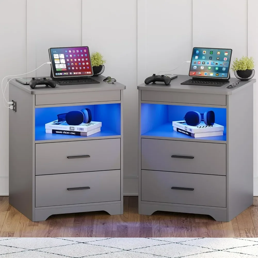 Nightstand with Lockable Drawer,3 Color LED Bedroom Table with Charging Station, Bed Side Tableside Bed Tables