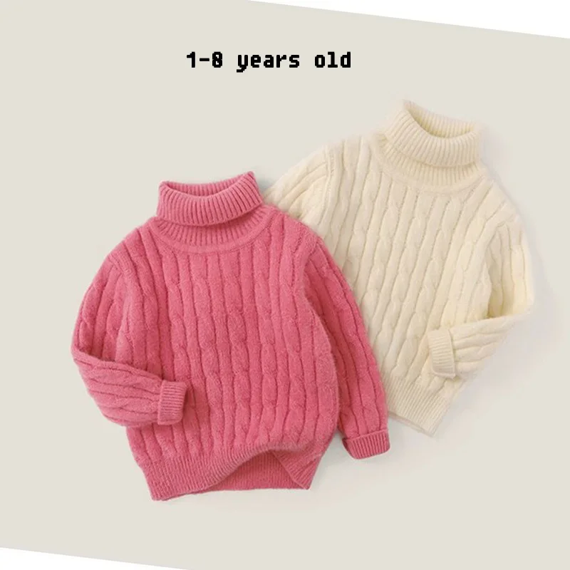 Girl's Sweater Autumn and Winter Clothing2024New Western Style Children's Thickened Turtleneck Shirt Baby Knitted Bottoming Shir