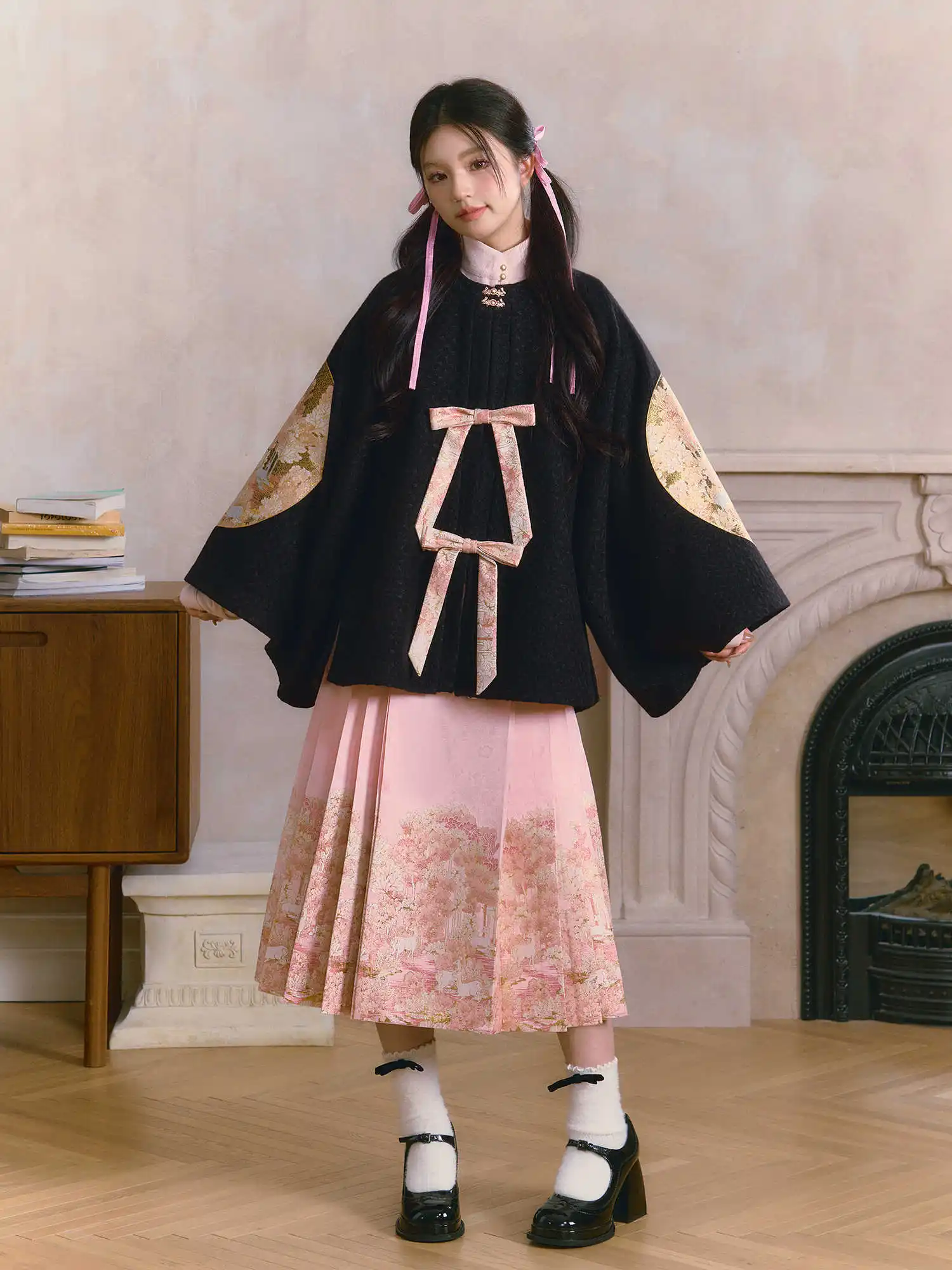 Originale Hanfu nero rosa girocollo abito da cavallo a mezza manica set miglioramento quotidiano Hanfu