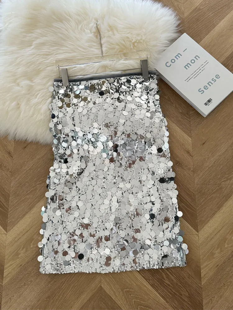 Jupe argentée de haute qualité pour femmes, taille haute, paillettes scintillantes, ligne a, luxe, mode coréenne, Sexy, élégante, Coquette, fête de bal