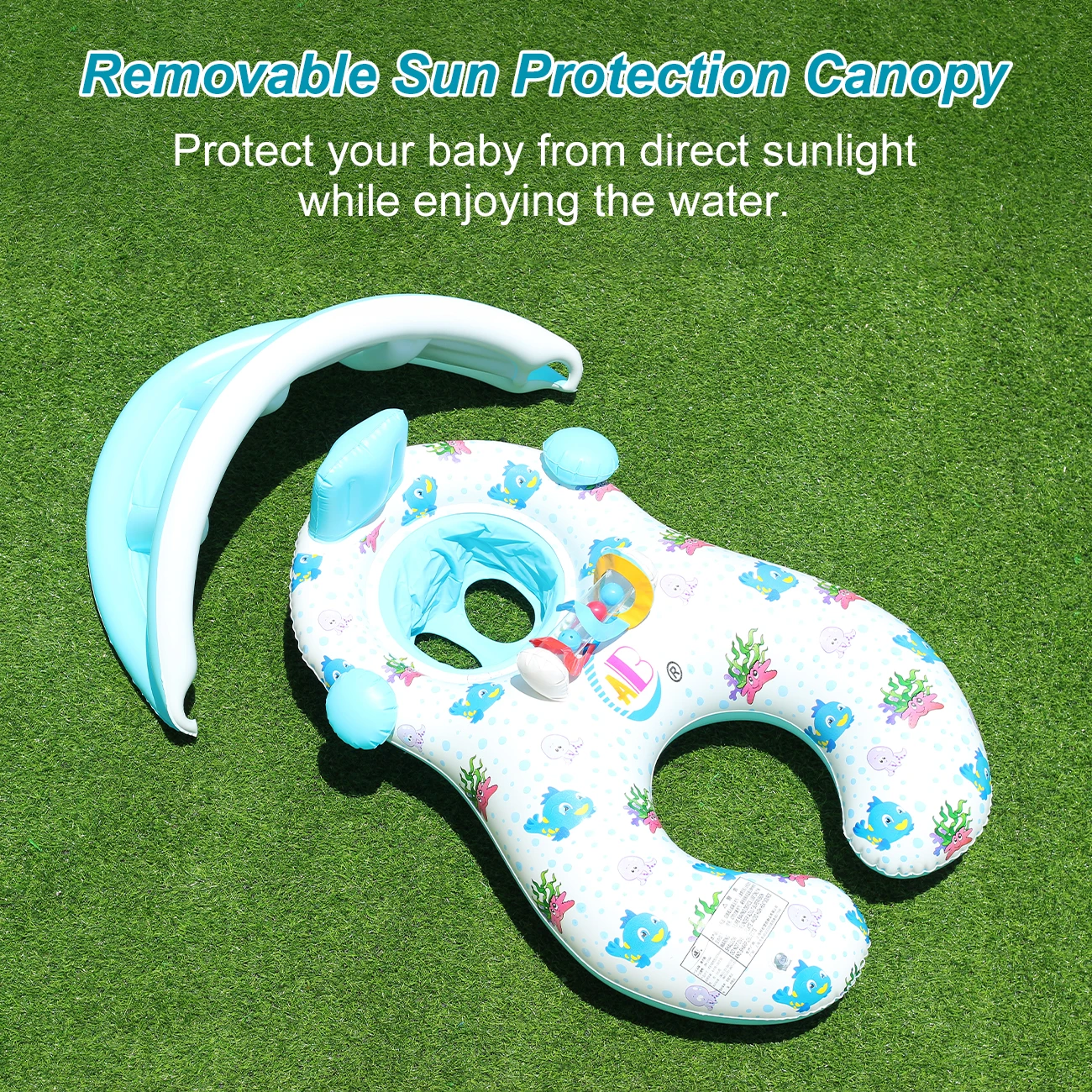 1PC Pool Floats with a dual-ring design for shared swimming, featuring a removable sun canopy