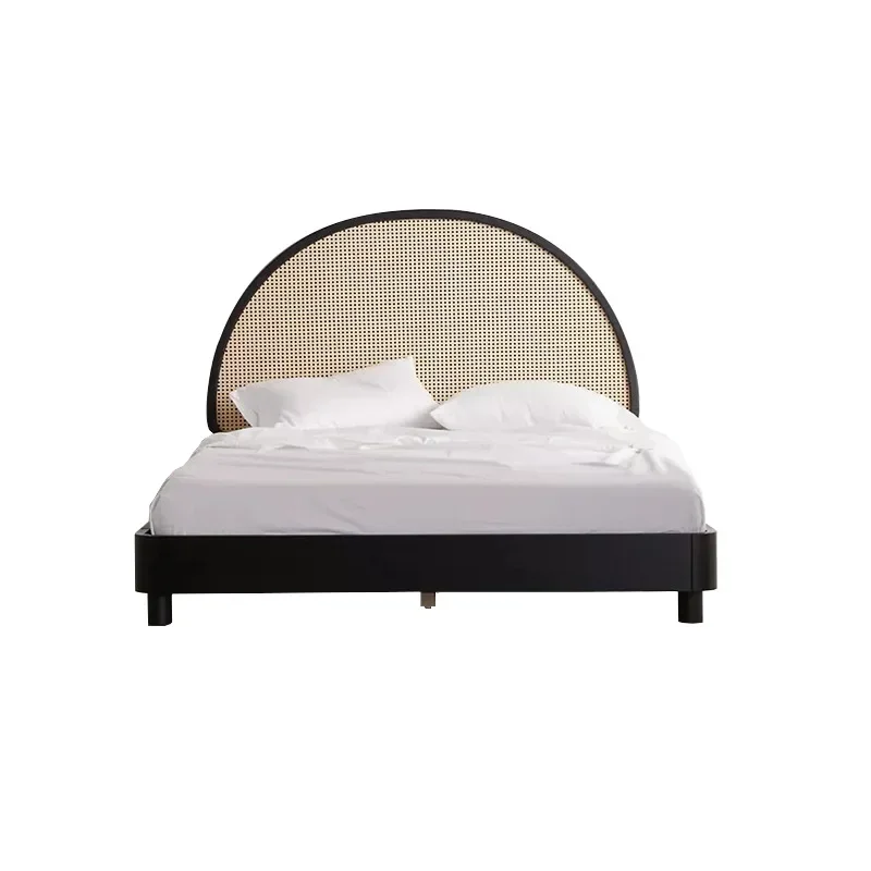 

Nordic solid wood retro rattan household small apartment double bed wabi sandy wind designer 1.8 meters master bed