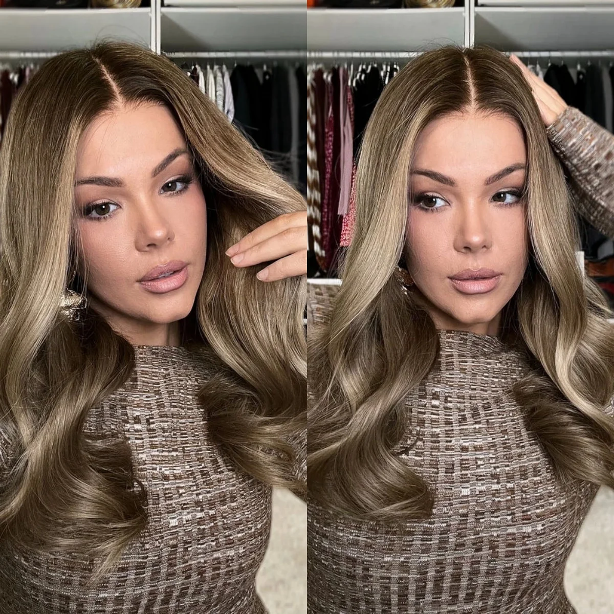 شعر مستعار بدانتيل أمامي عالي الدقة كراميل بني 24 بوصة شعر مستعار اصطناعي فاخر من الألياف شعر مستعار مموج فضفاض مع جذور داكنة خط شعر بمظهر واقعي #1