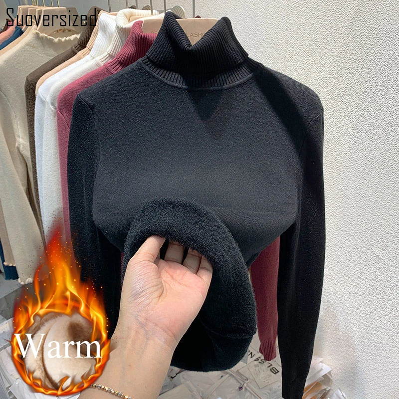 Suéter de cuello alto de punto cálido para mujer, prendas de punto suaves con forro polar grueso, Tops informales de terciopelo de manga larga para