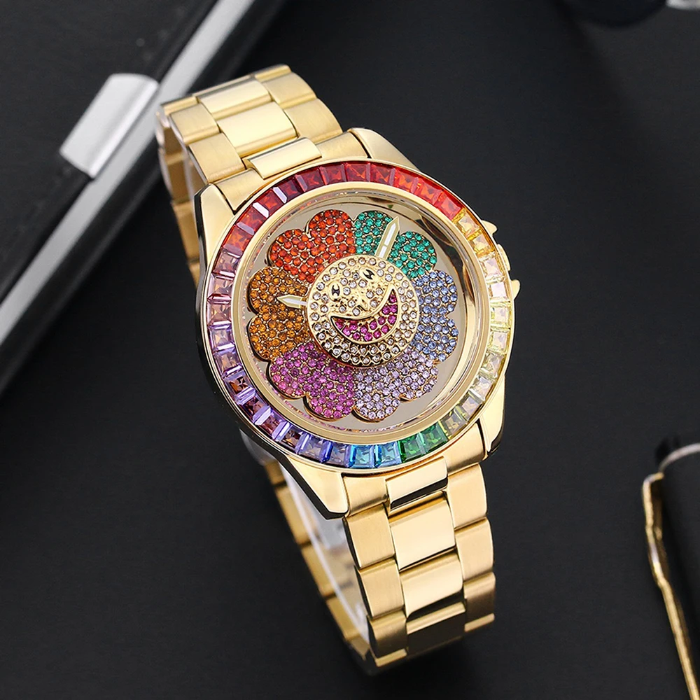 Hot Sale Funny Watch For Men Luxury Diamond Rotating Sunflower Dial Watches Man Fashion Steel Luminous Waterproof Wristwatch New