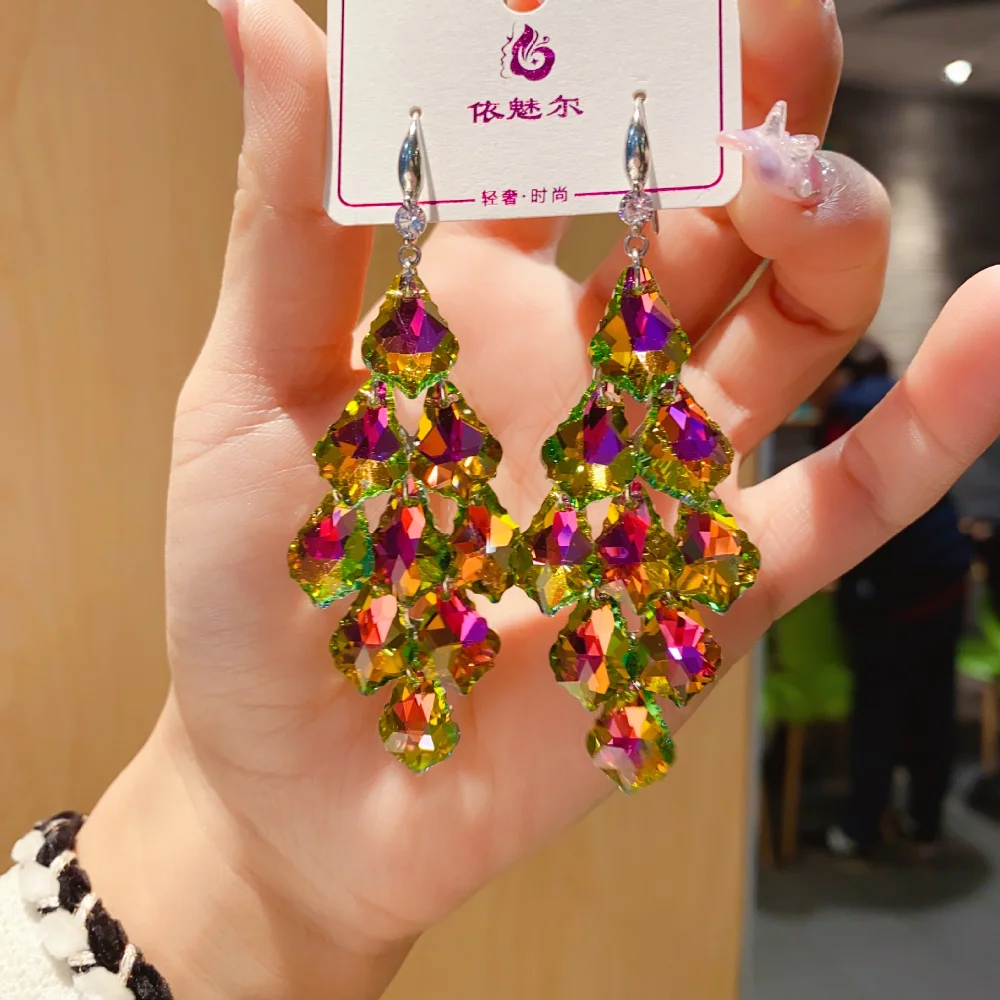 2024 New Colorful Purple Crystal Long Dangle Drop Earrings for Women Trend Korean Fashion Luxury Wedding Party Banquet Jewelry