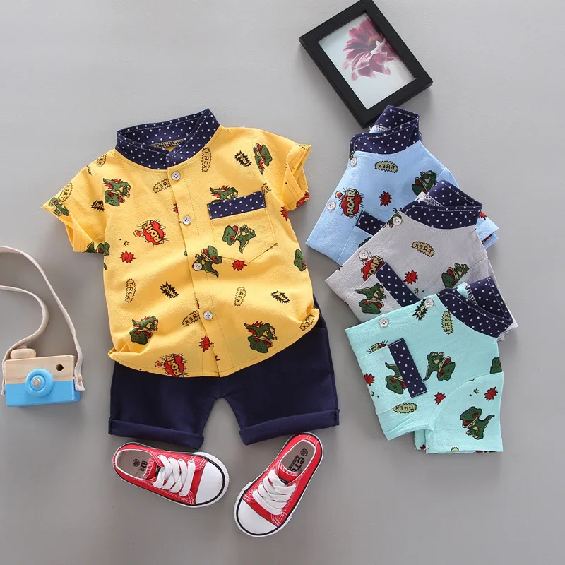 Summer New Boys Short Sleeve Set Children's Cartoon Dinosaur Pattern Shirt 2-piece Set