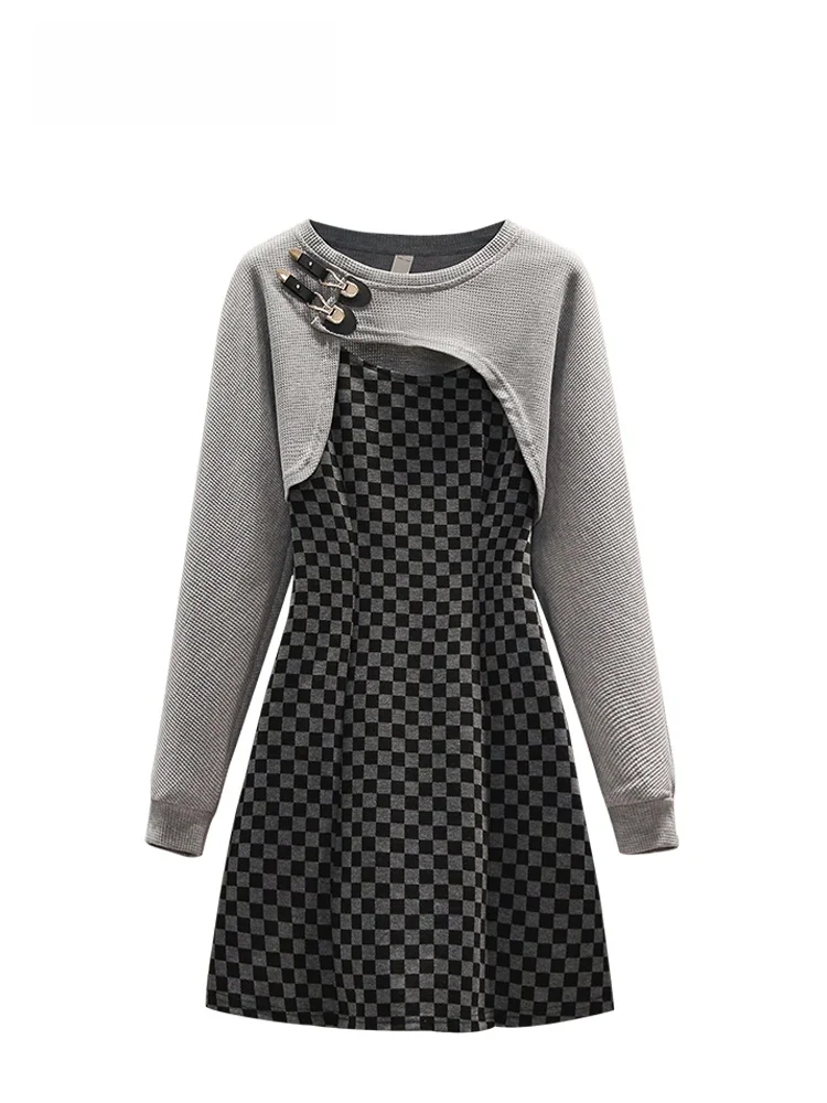 

Модный комплект больших размеров: женское весеннее платье-накидка нового дизайна, юбка А-силуэта, длинный рукав, круглый вырез, короткая длина