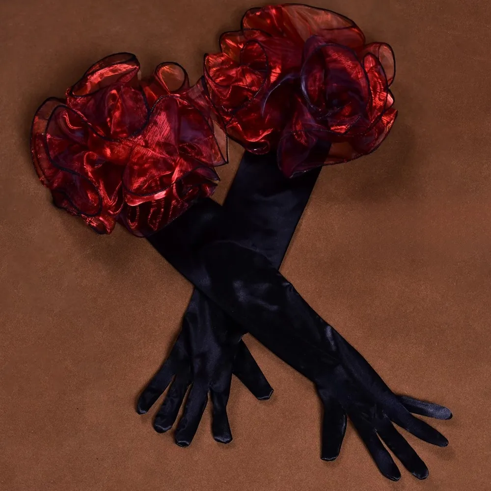 Women's Elegant Black Velvet Flower Glove Female Spring Autumn Vintage Driving Photograph Performance Glove R2123