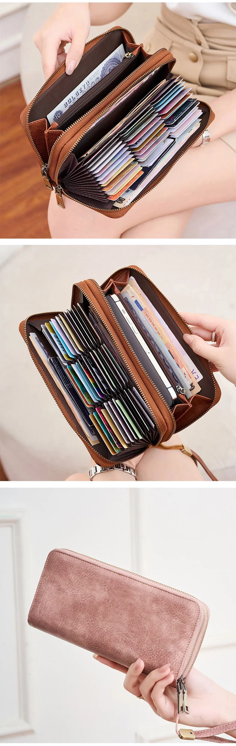 MIYIN Retro RFID-Diebstahlschutz Dreifach-Geldbörse Leopardenmuster Große Kapazität Doppelreißverschluss Handtasche Damen-Clutch mit Handgelenkschlaufe – Detail 6