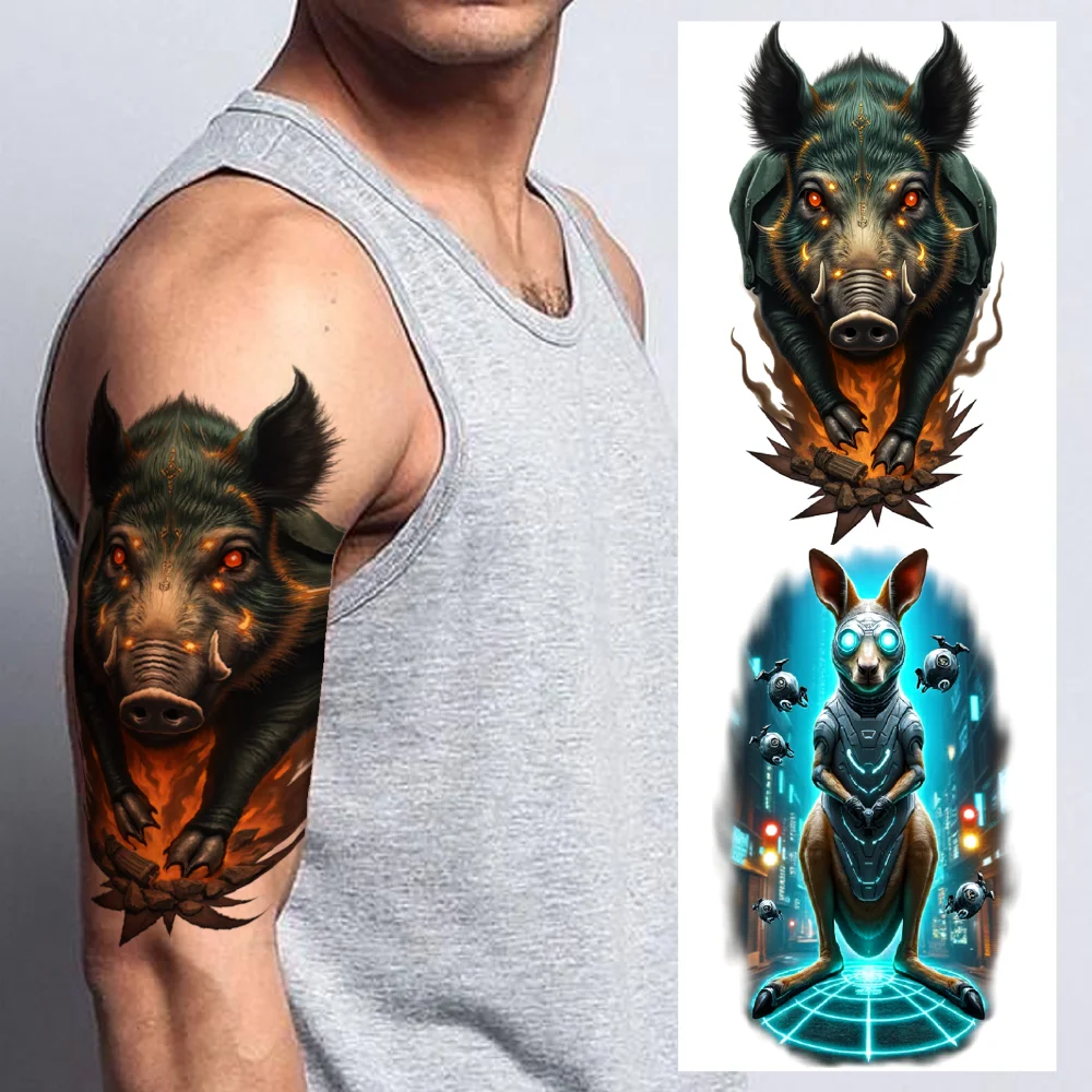 

3pcs Temporary Tattoo Realistic Temporary Tattoos Warthog Portrait Fox With Glowing Eyes Tech Kangaroo For Men Back Thighs