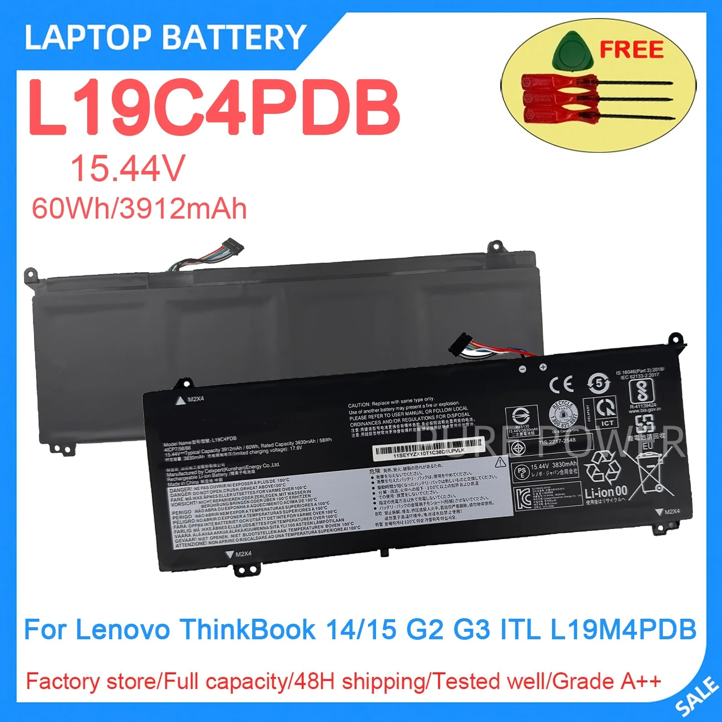 New Laptop Battery L19C4PDB 15.44V 60Wh 3912mAh High Quality For Lenovo ThinkBook 14/15 G2 G3 ITL L19M4PDB