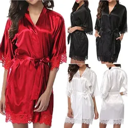 New Lace Silk Kimono Robe Bathrobe Women Silk Bridesmaid Robes Sexy Blue Robes Satin Robe Ladies Dressing Gowns