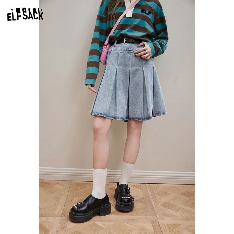 ELFSACK [Free belt] High waisted denim pleated skirt for women's 2024 spring new college versatile short skirt