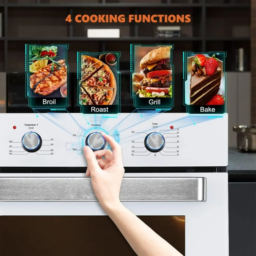 24" Single Wall Oven, 2.3 Cu.ft. Electric Wall Oven with 5 Cooking Functions, 2000W White Built-in Ovens with Mechanical Knobs