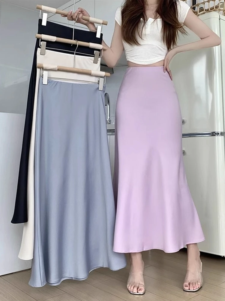 Acetate Satin Fish Tail Half Skirt Women's Spring Summer Slimming High Waist A-Line Midi Skirt Korean Style Commute Skirt