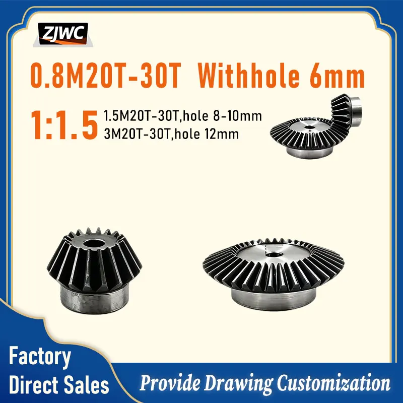 90° Bevel Gear Pair 0.8M/ 1.5M/ 3M 20T 30T 1:1.5 Ratio with Mounting Holes High Precision Carbon Steel