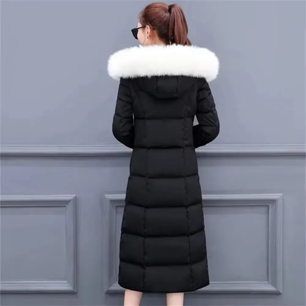 Women Winter Down Cotton Coat Big Fur Collar Jacket Female Long Hooded Over The Knee Thicken Slim Warm Cotton Jacket Parka Lady